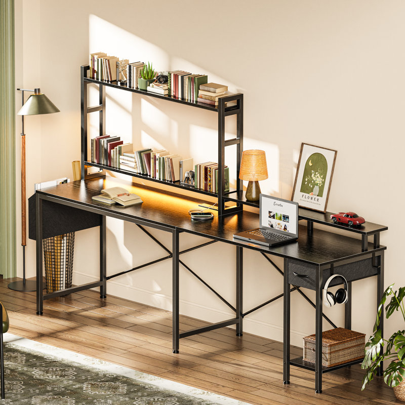 Lateefa L Shaped Computer Home Office Desk with LED Lights & Power Outlets with Storage Shelves 4-Tier Reversible Bookshelf Corner Desk