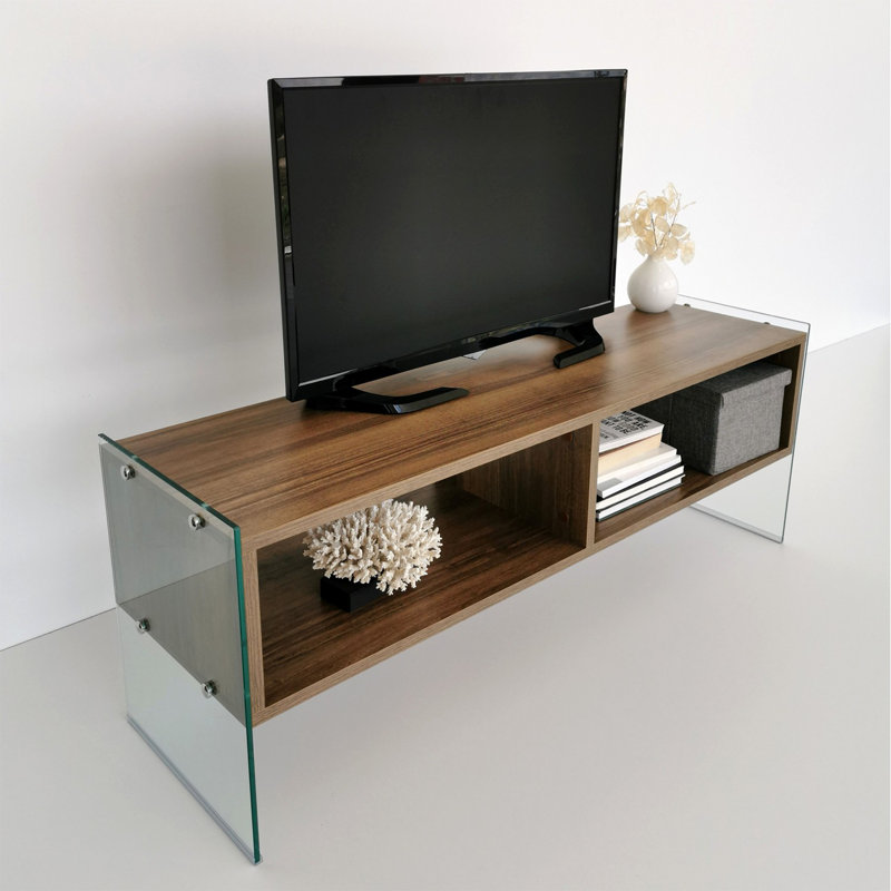 Meuble télé moderne avec possibilité de fixation murale, finition noyer, 47,2 po x 17,7 po x 13,8 po | 100% panneau de particules enduit de mélamine et cadre en verre trempé | Capacité de poids maximale: 44 lb | Design élégant avec plusieurs tablettes