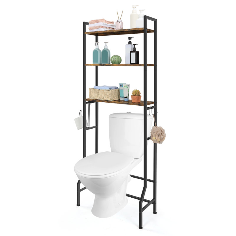 Rustic Brown Over-The-Toilet Storage Shelf with Hooks, Black