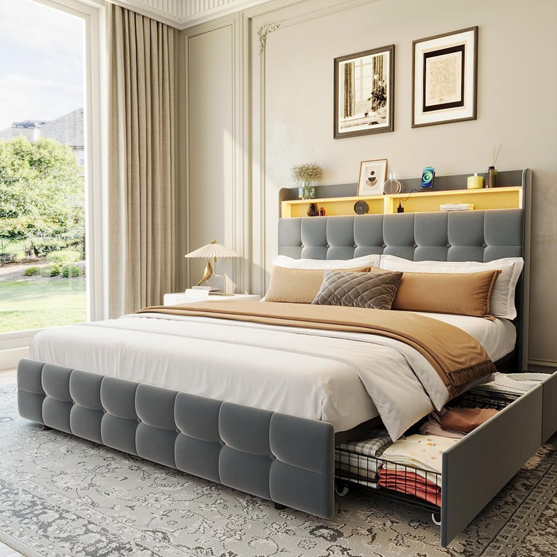 Queen/Full Upholstered Bed Frame with LED Lights, Headboard & 2 Storage Drawers, Charging Socket & USB Ports, Soft Plush Fabric, Noise-Free