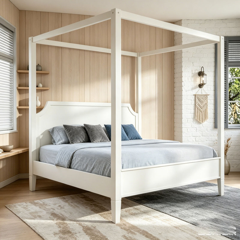 Lit plateforme à baldaquin en bois avec tête de lit, Grand lit, Blanc crémeux