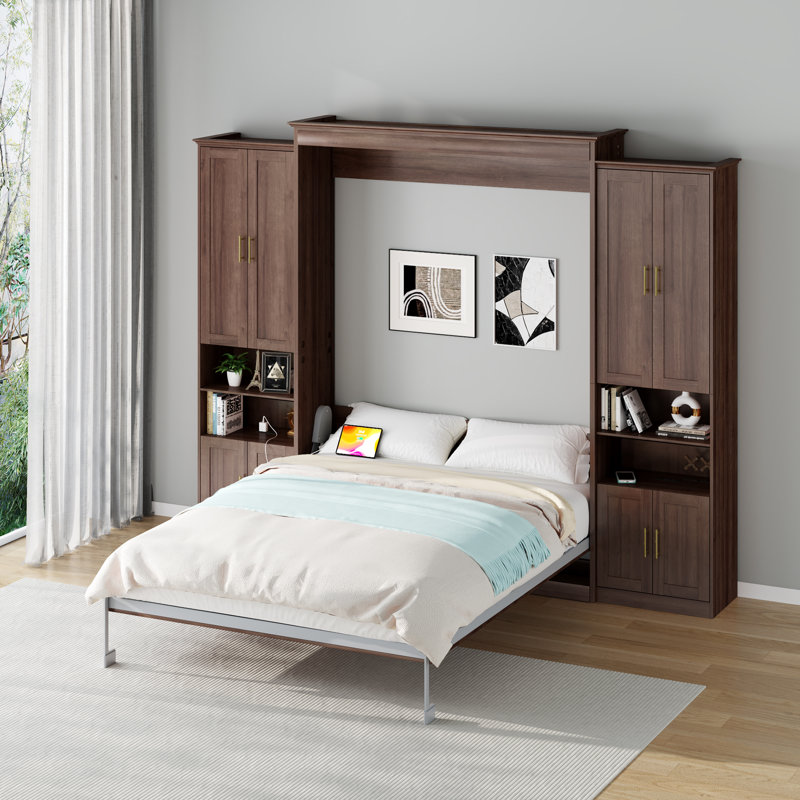 Murphy Bed With Storage Cabinet Shelves, Queen Wall Bed And USB Port, Walnut, Queen