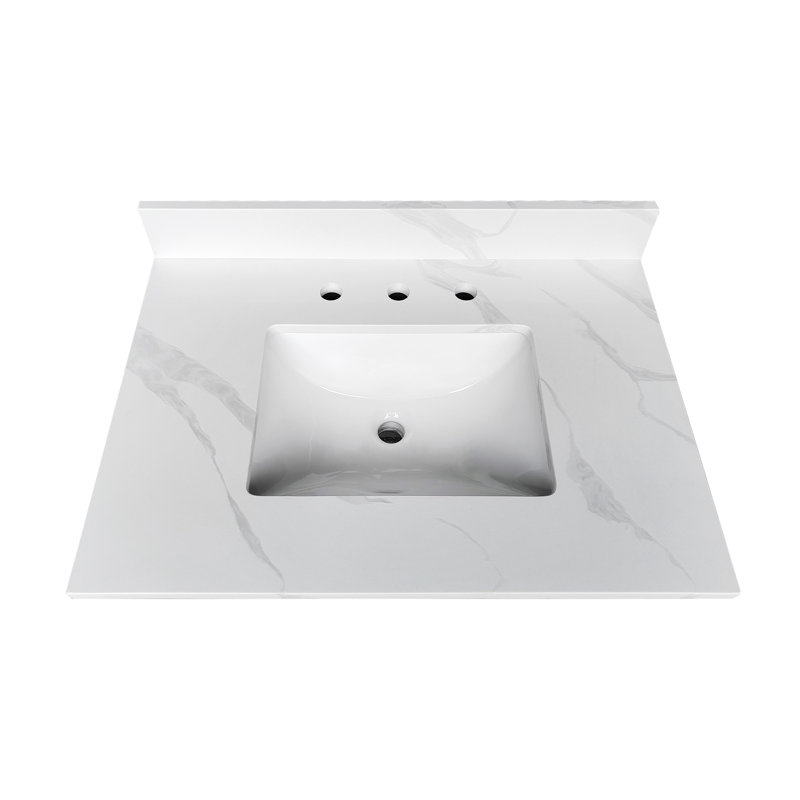 Comptoir de salle de bain en quartz blanc 31 po avec lavabo encastré, trous de robinet pré-percés et dosseret Carrara