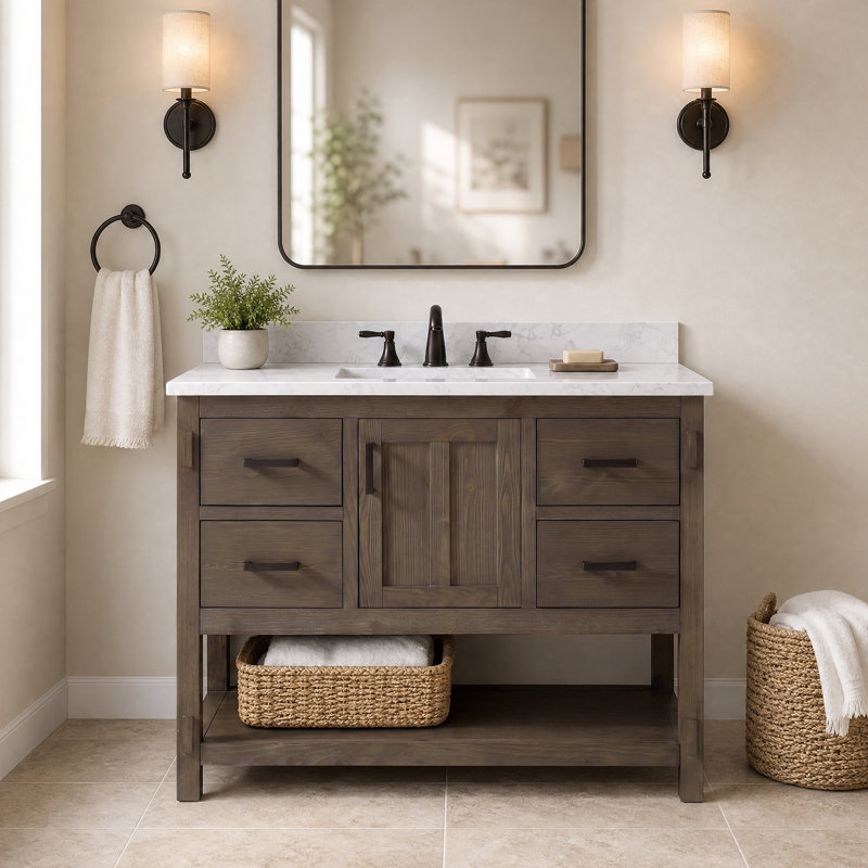 Meuble-lavabo simple autoportant Floyd de 42 po avec comptoir en pierre reconstituée, Brun cacao