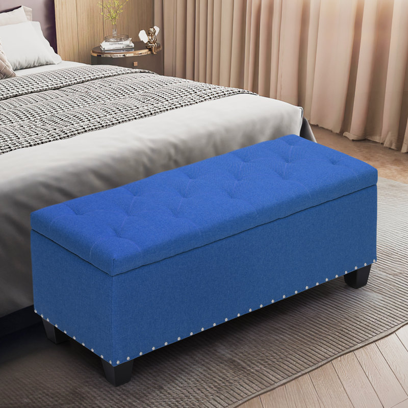 Grimstad Upholstered Fabric Storage Ottoman, Storage Bench with Button-Tufted, Navy Blue