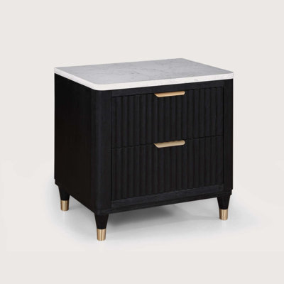 Gerace 1Pc Contemporary 2-Drawer Black Nightstand White Top Metal Knobs Modern Design Wooden Bedroom Furniture