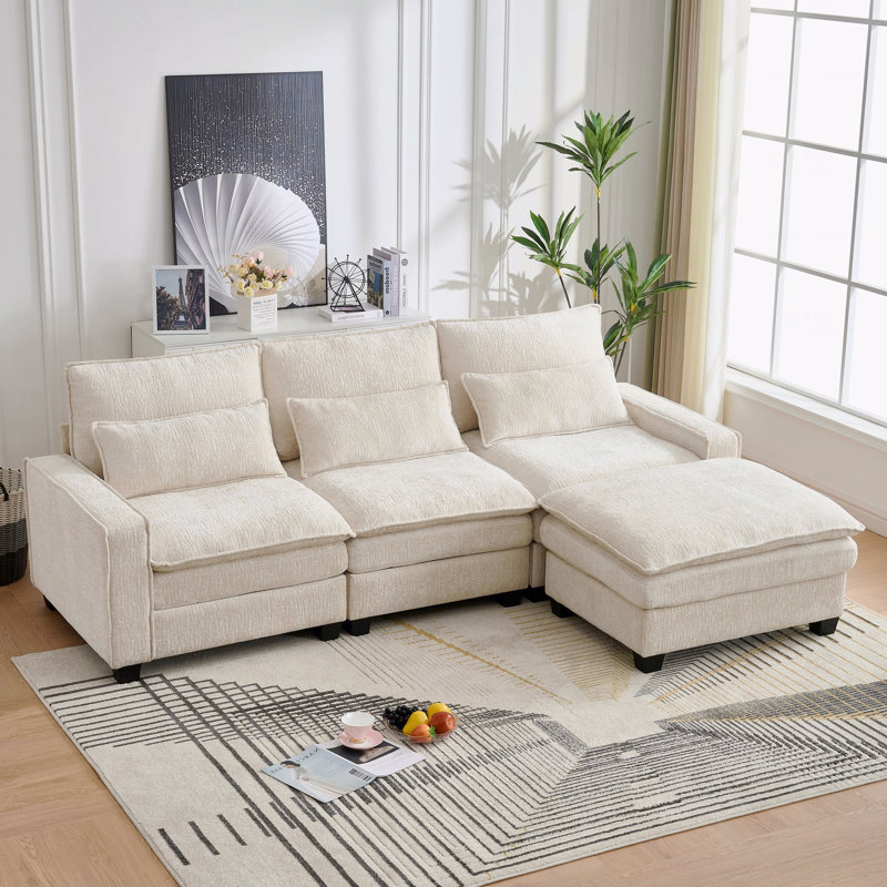 Kamanda 99'' Chenille Sectional Sofa with Movable Ottoman & Back Cushions, Beige