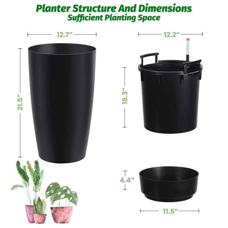 22" Tall Round Planter Set of 2, Self Watering Pots for Indoor Plants, Large Flower Pot Outdoor with Built-in Drainage and a Water Level Monitor, for Patio, Porch, Living Room, or Home Office