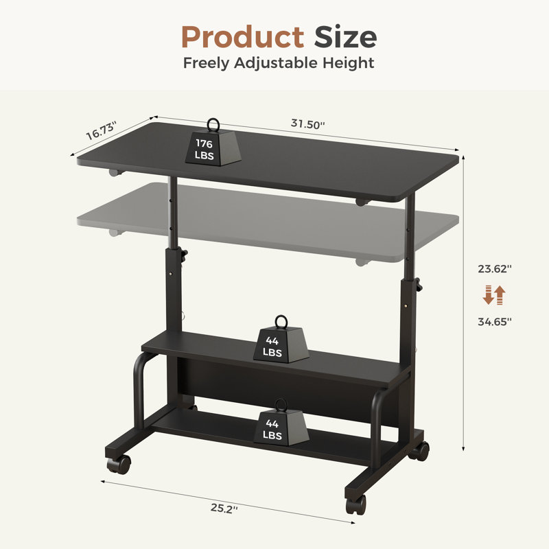 Manual Height Adjustable Standing Desk with Storage Shelf, Portable Mobile Computer Desk, Black