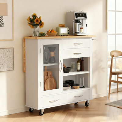 White Kitchen Island Cart With Walnut Top – Rolling Storage Cabinet With Drawers, Towel Bar & Wheels For Dining Room Or Kitchen by Winston Porter