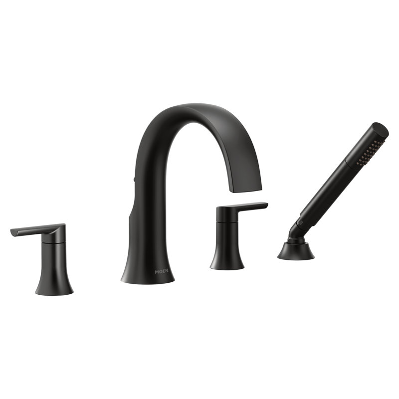 Doux Double Handle Deck Mounted Roman Tub Faucet Trim with Handshower, Matte Black