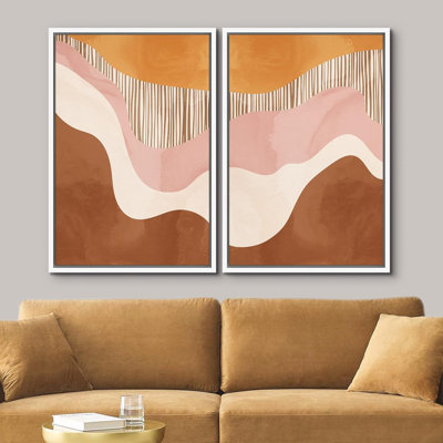 Mid Century Shape " Mid-Century Pastel Orange Pink Brown Color Field Abstract Shapes Modern Chic " 2 - Pieces