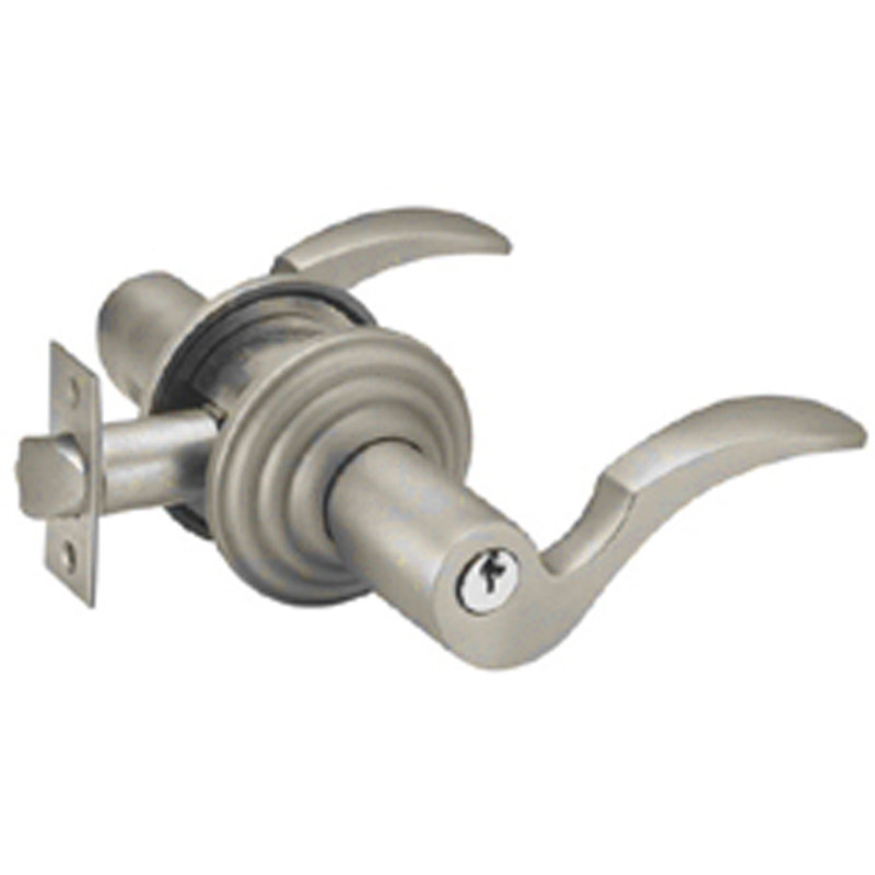 Cortina Wave/Drop Keyed (Entry) Door Lever with Round Rosette, Right Hand, Satin Nickel