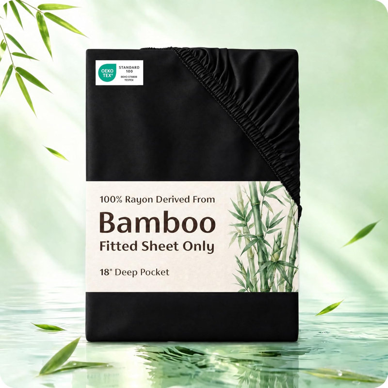 Bedsure 100% Bamboo Rayon Cooling Fitted Sheet, Breathable PureWoven Bed Sheet for Hot Sleepers with Deep Pocket, Black