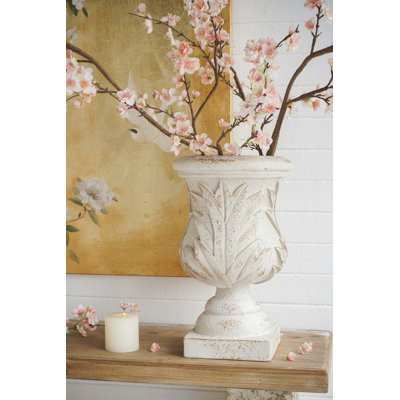 Ornate Magnesium Urn Planter With White Finish And Carved Details