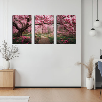 Cherry Blossom Garden Canvas Wrapped Wall Art Set Of 3 For Living Room Bedroom Home Decor