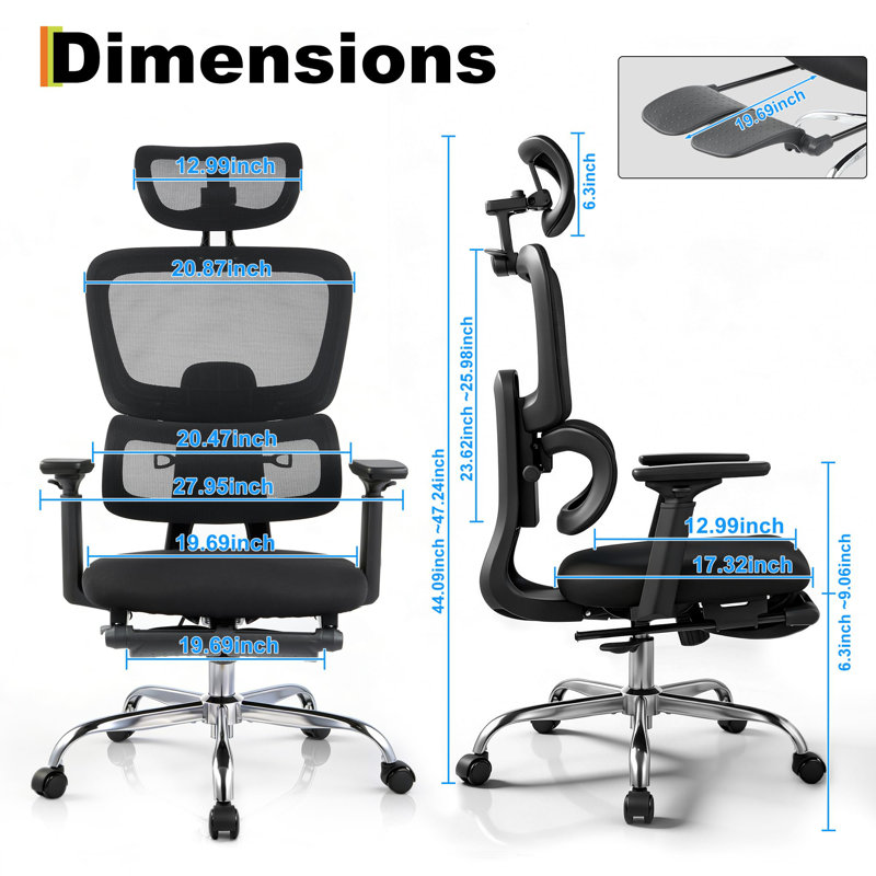 44 inch Black Ergonomic Mesh Gaming Chair for Office High Back 400lbs Capacity 3D Headrest Adjustable Lumbar & Leg Support 3-Level Recline Swivel Computer Seat for Long Hours