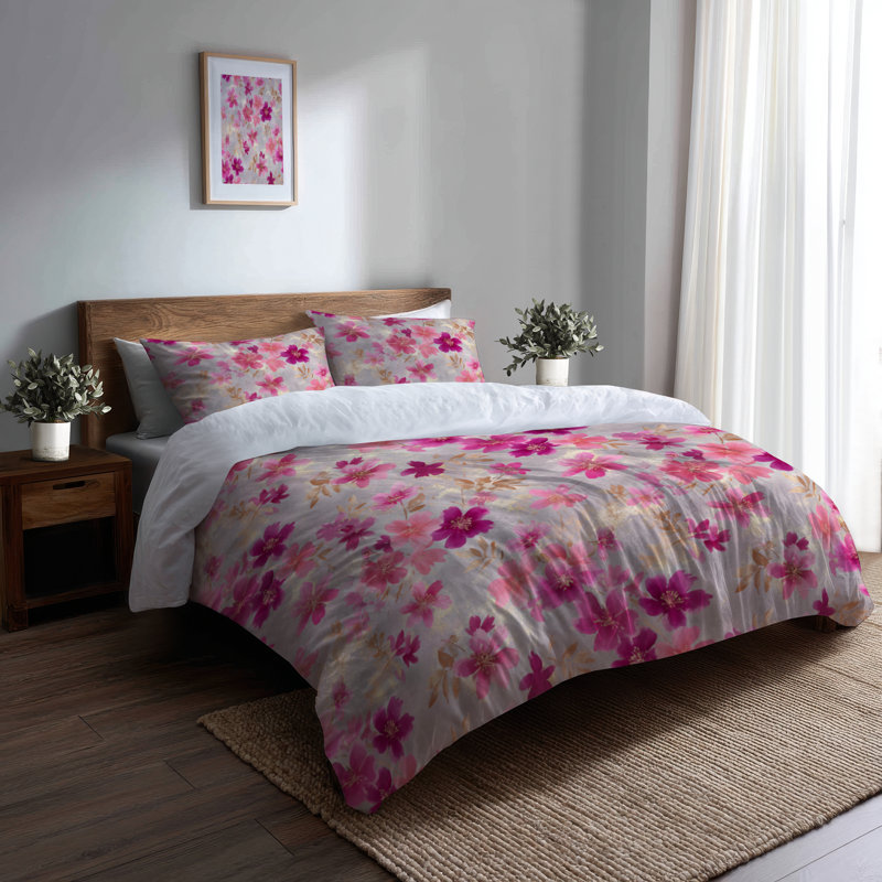 Ensemble de literie à motif floral 3 pièces - housse de couette et coussin décoratif gris fuchsia