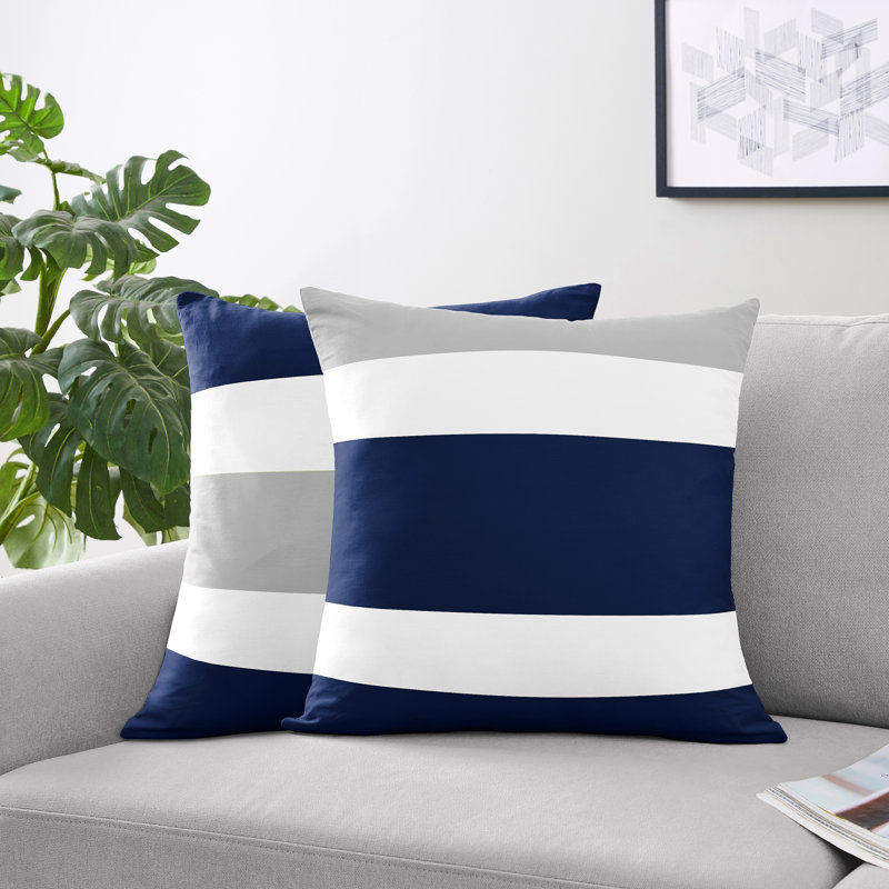 Housse de coussin carré à rayures, Gris / bleu marine