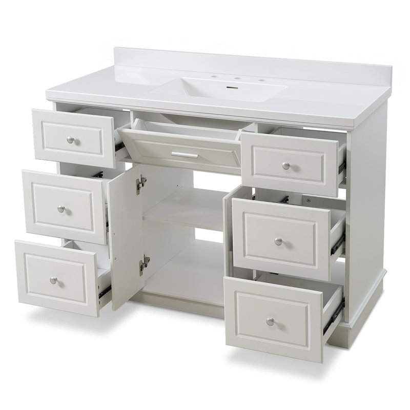 Meuble-lavabo simple de 122 cm (48 po) avec lavabo et dosseret intégrés en surface solide, armoire de rangement à 7 tiroirs, portes à fermeture amortie, style traditionnel autoportant, assemblage requis