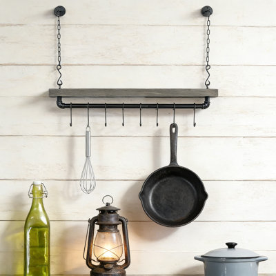 Support à casseroles industriel avec tablette - Organisateur de cuisine mural ou de plafond pour batterie de cuisine et ustensiles, comprenant 8 crochets en S pour un rangement peu encombrant