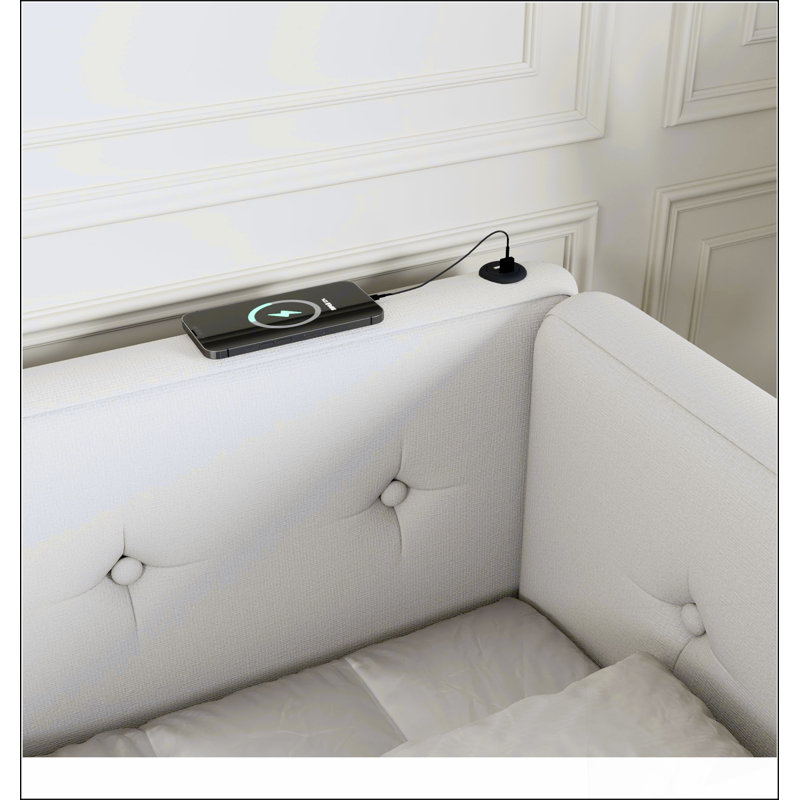 Lit plateforme tapissier élégant avec ports USB pour chambres modernes et commodité améliorée, Beige, Grand lit