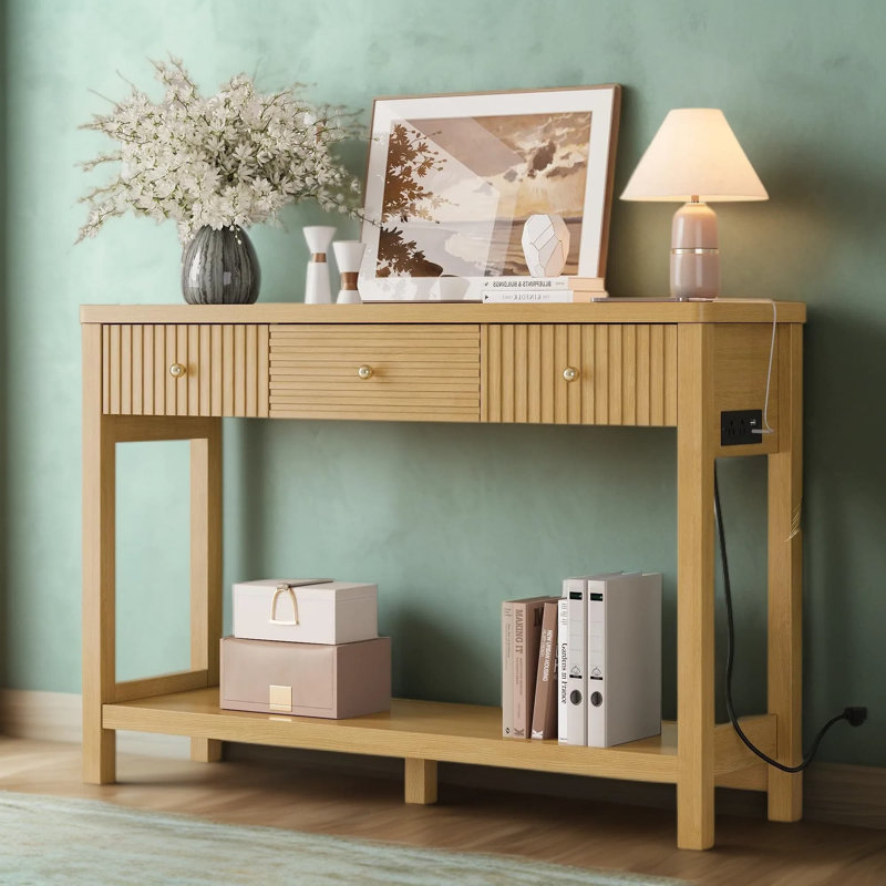 Console de 47 pouces de style Mid-Century moderne avec station de charge intégrée, 3 tiroirs et tablette ouverte, table de canapé avec prises et port USB-C pour le vestibule, le couloir ou le canapé derrière