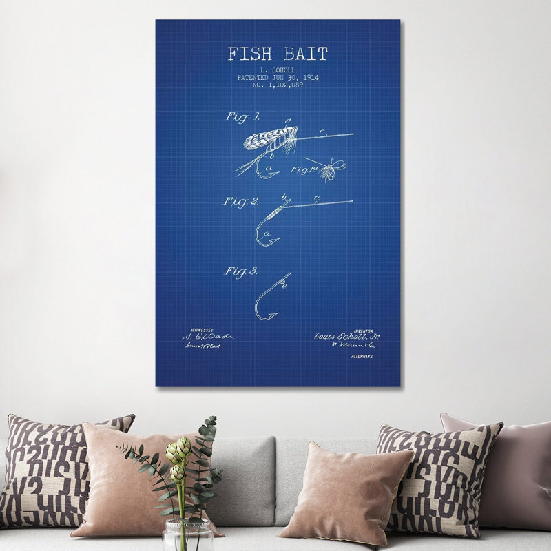 L. Soholl Fish Bait Patent Sketch (Blue Grid) by Aged Pixel - Wrapped Canvas Print, 152.5 cm H x 101.5 cm W x 3.175 cm D