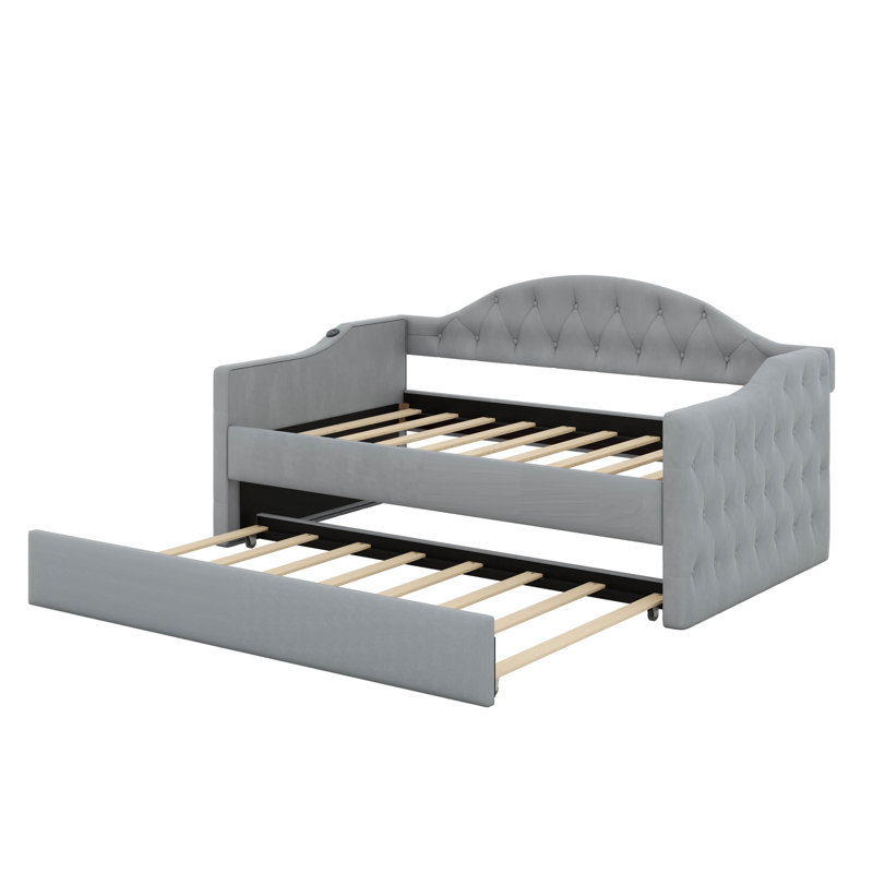 Elegant Twin Size Upholstered Daybed With Trundle And USB&Type-C Charging Ports,Velvet Sofabed For Kids Adults Bedroom,No Box-Spring Needed