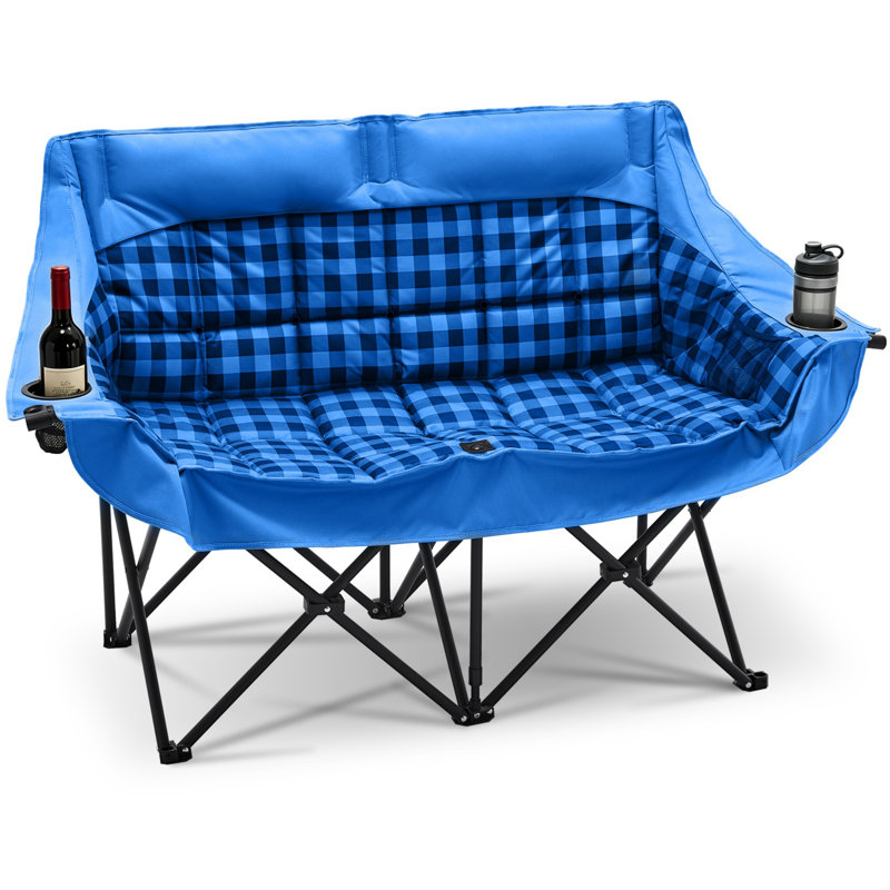 Oversized Double Camping Chair, Folding 2 Person Camping Chair, Fully Padded Chair with Carrying Bag, Blue Grid