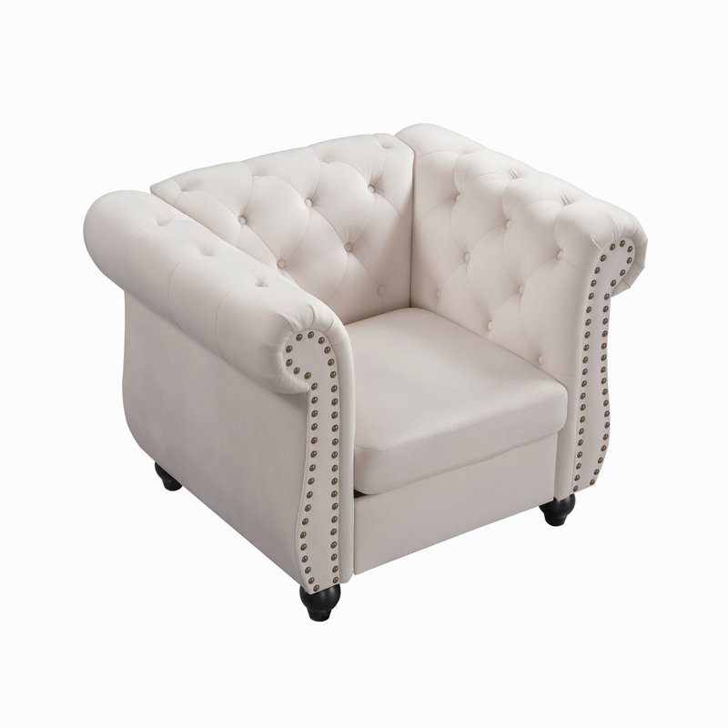 Chesterfield style tufted back armchair, ivory Polyester