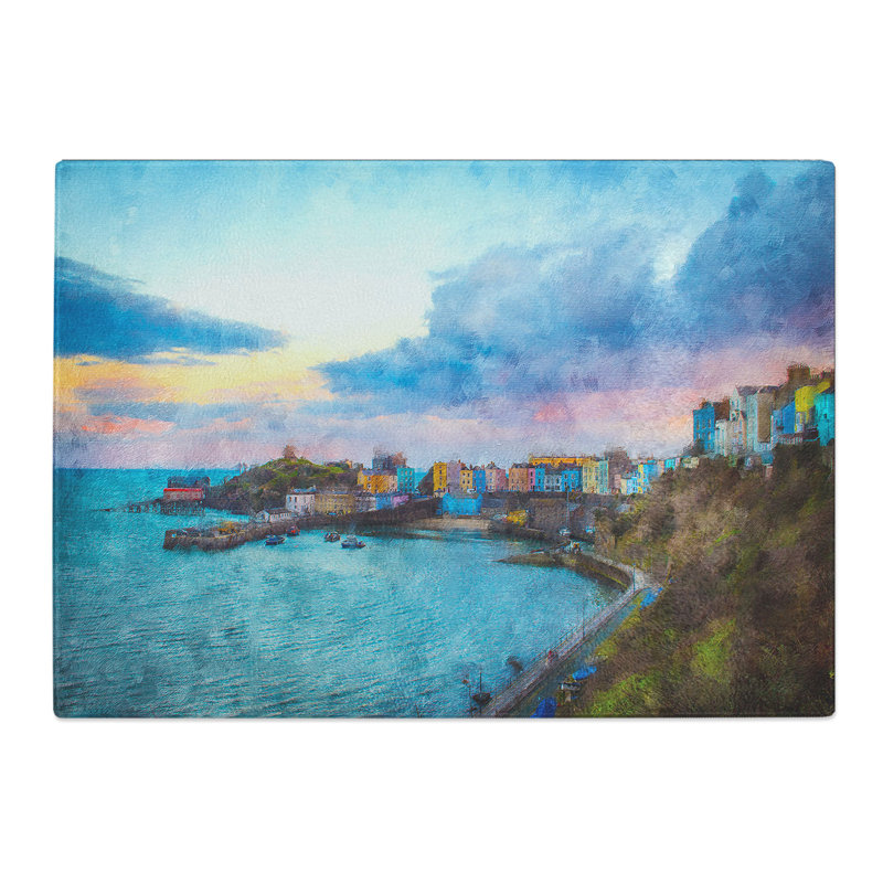 Tempered Glass Tenby Harbour in Pembrokeshire Wales Chopping Board, 28.5 cm x 39 cm