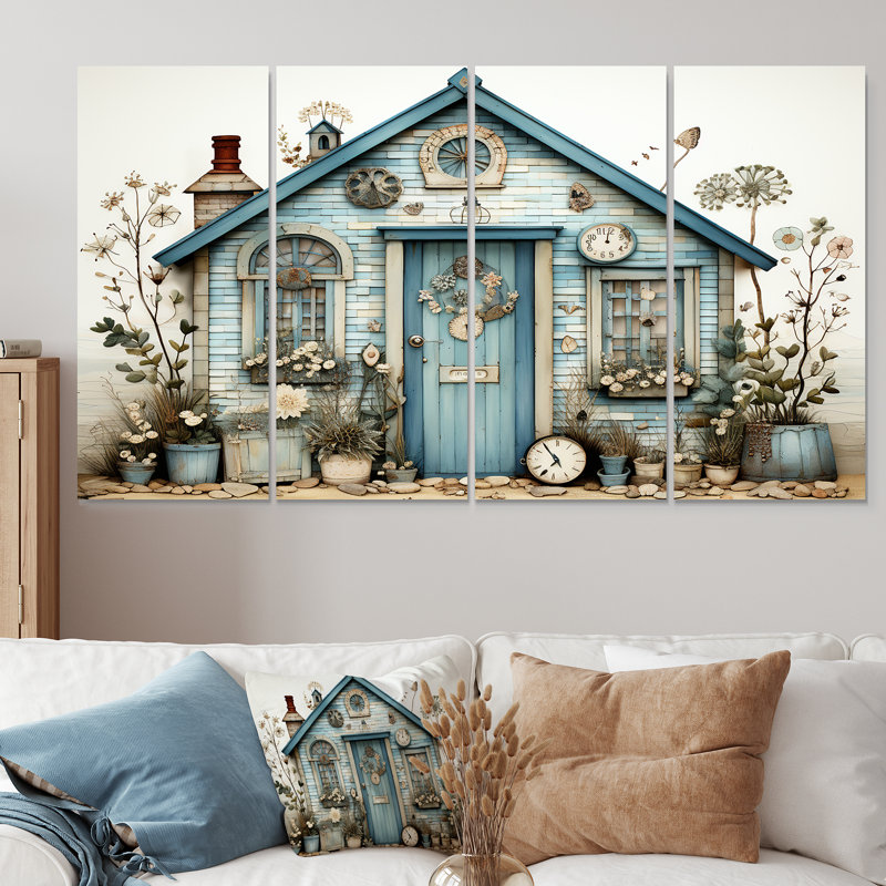 «Blue Beach House Collage Tranquility - Landscape Cottage», art mural 4 pièces, H 32 po x l 64 po