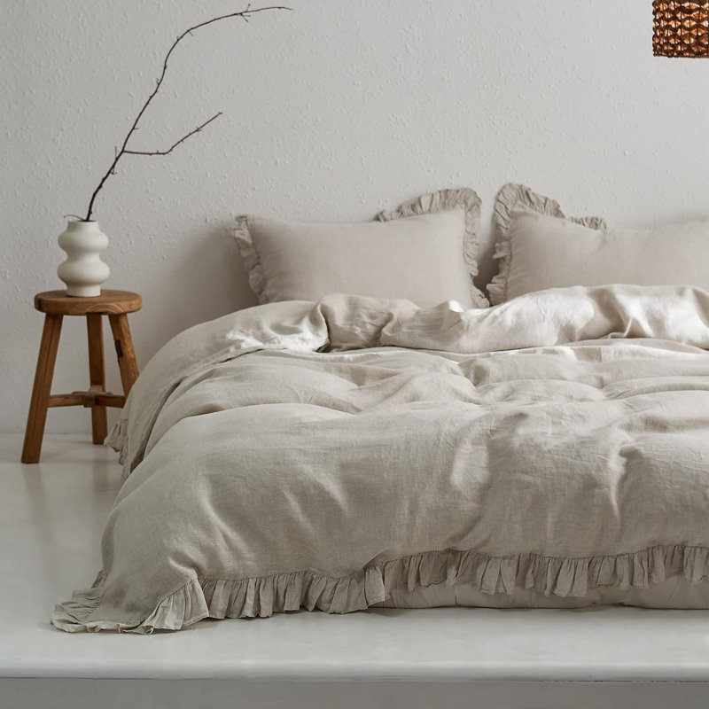 Linen Ruffled Duvet Cover Set, Khaki, King Duvet Cover + 2 King Shams