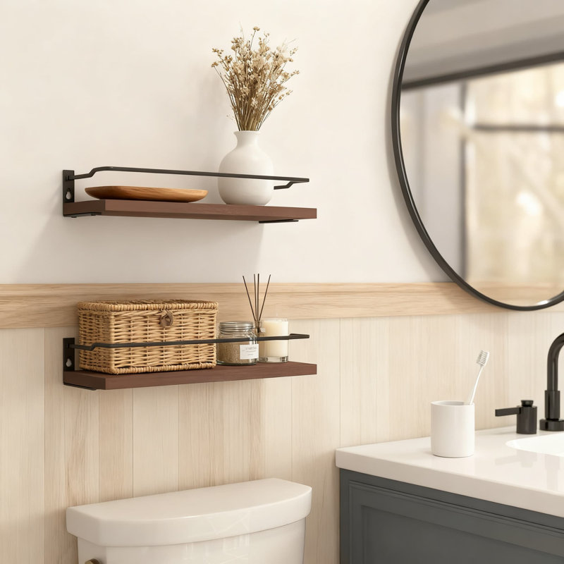 Floating Bathroom Shelves Set Of 2 With Guard Rail, Wall Mounted Over Toilet Storage Organizer For Kitchen And Bedroom, Handmade Wooden Shelf Decor