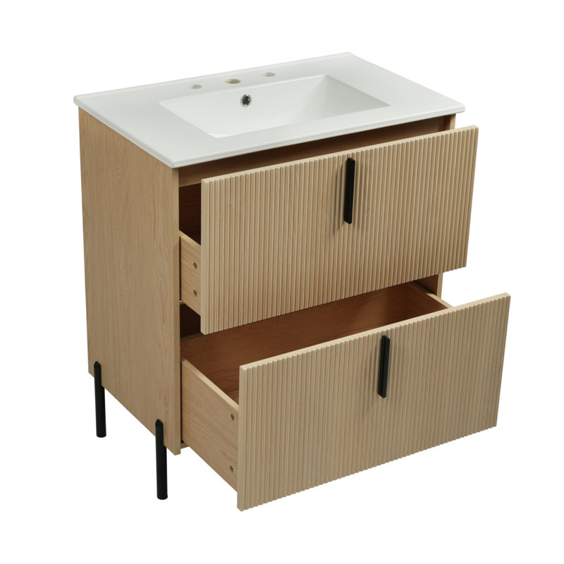 Meuble-lavabo à conception cannelée avec lavabo en céramique intégré et tiroirs à extension complète à fermeture en douceur