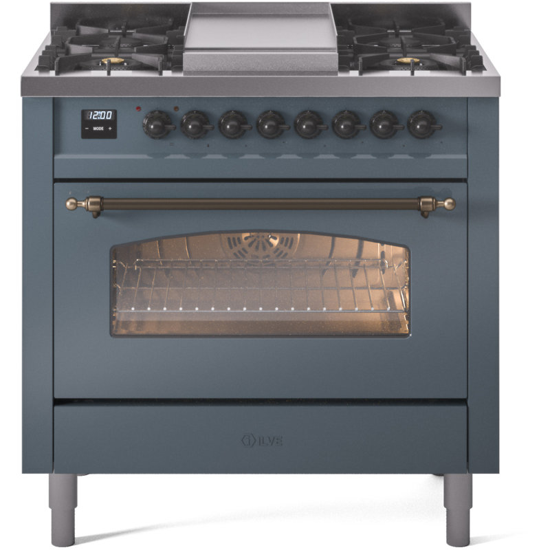 ILVE Nostalgie II Series 36 inch Dual Fuel Range with 6 Burners, Griddle (Glass Door), Blue Gray/Bronze, Natural Gas