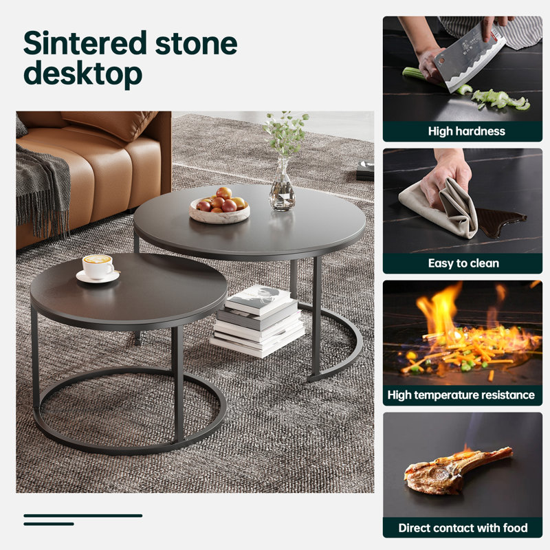 Sintered Stone Top Nesting Coffee Table Set, Black, 18" H x 24" L x 24" W