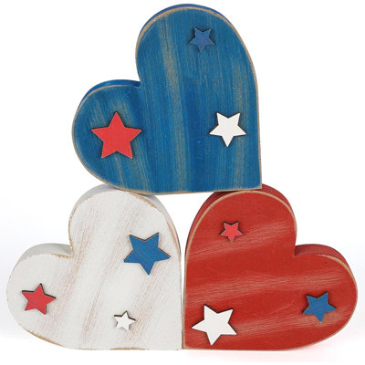 Ensemble de 3 cœurs en bois vintage, décorations du 4 juillet, décor de plateau à plusieurs niveaux, blocs commémoratifs en bois, rouge, blanc, blanc, fête des anciens