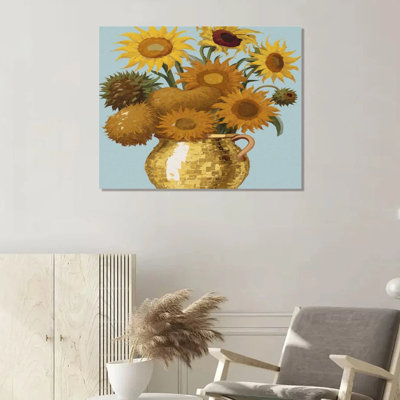 Bold Sunflowers, Golden Vase Accent, Built-In Wooden Frame, Wall Art, 20Wx16l