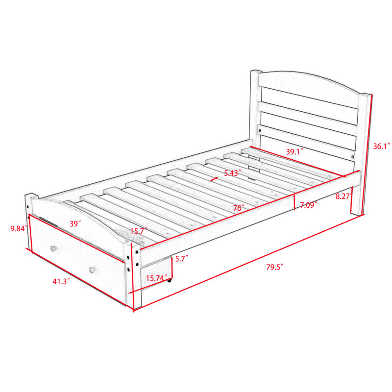 Twin Size Platform Bed Frame with Storage Drawer, White