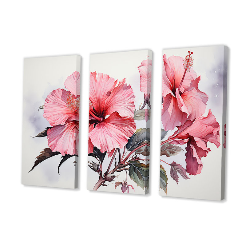 Hibiscus rose, minimalisme, ensemble d'art sur toile, H 32 po x l 48 po x P 1 po