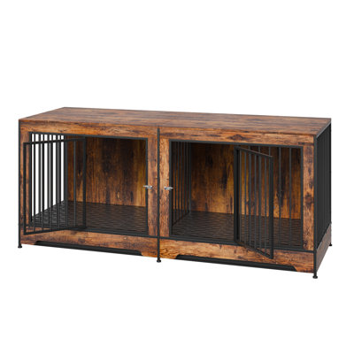 Meuble de cage pour chien en bois avec cloison et plateau pour chien 75 po | L 74,8 po x l 26,38 po x H 32,28 po | Métal | Brun