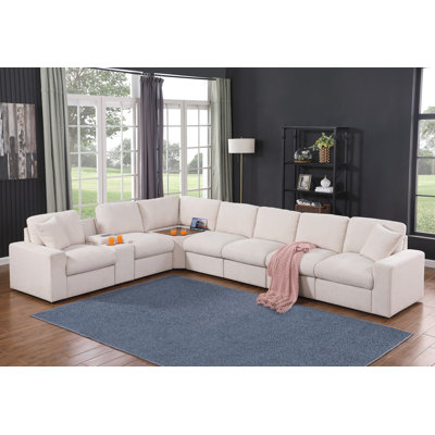 Canapé modulaire en coin Detricia avec console porte-gobelet et table d'angle avec port USB