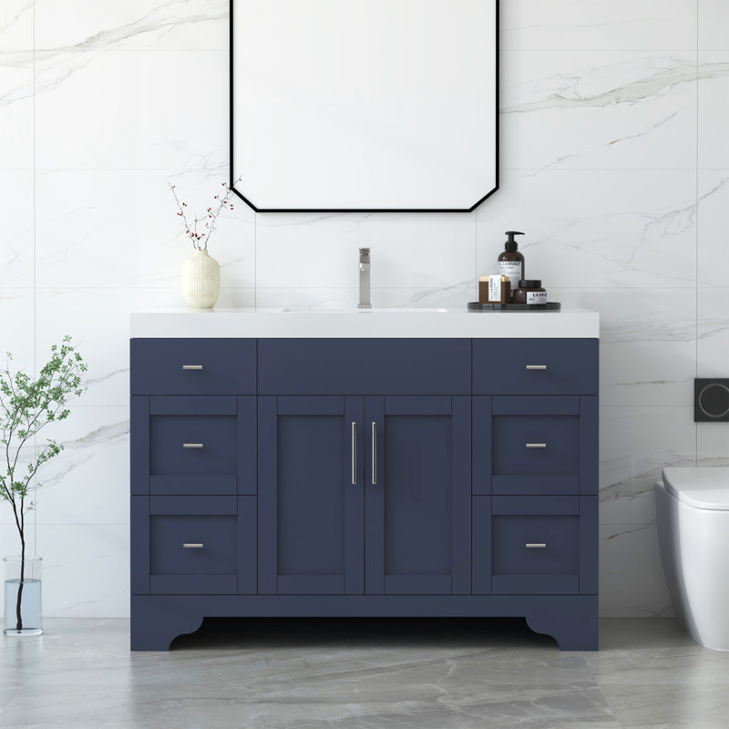 Aurilla 48 in. Single Sink Freestanding Bath Vanity in Marine Blue with White Carrara Quartz Top, Marine Blue