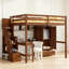 Lit mezzanine double avec bureau, bibliothèques et garde-robe, escalier intégré avec rangement, garde-corps de sécurité et lattes solides-659458373