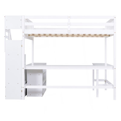 Full Size Loft Bed with Built-in L-Shaped Desk and Three-Tier Storage Shelves,and Attached Storage Staircase