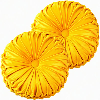Vintage Velvet Pumpkin Pleated Throw Pillows - Set of 2 - Decorative Round Accent Floor Pillow for Sofa Couch Vanity Chair Bed with Center Button