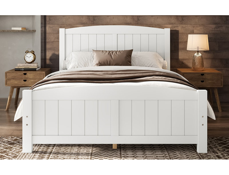 Lit plateforme double, lit plateforme en bois massif avec lattes de soutien et structure solide, sans sommier tapissier, blanc