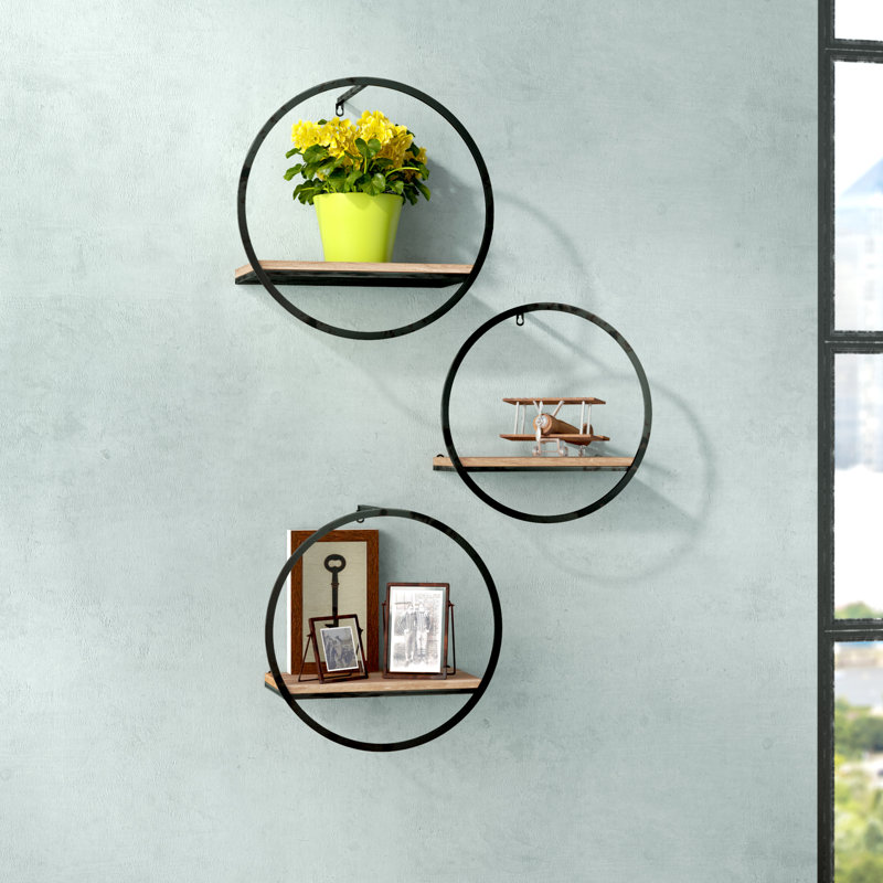 Metal and Wood Wall Shelf Set - Modern Circular Floating Storage for Decorative Display, Durable and Stylish - Set of 3